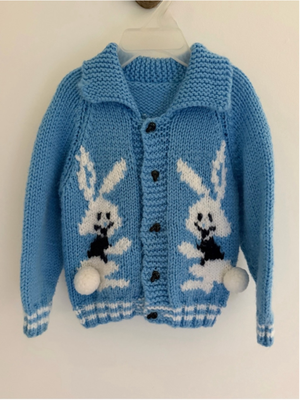 Handmade Bunny Rabbit Knit Cardigan Blue Pom Pom Vintage Inspired